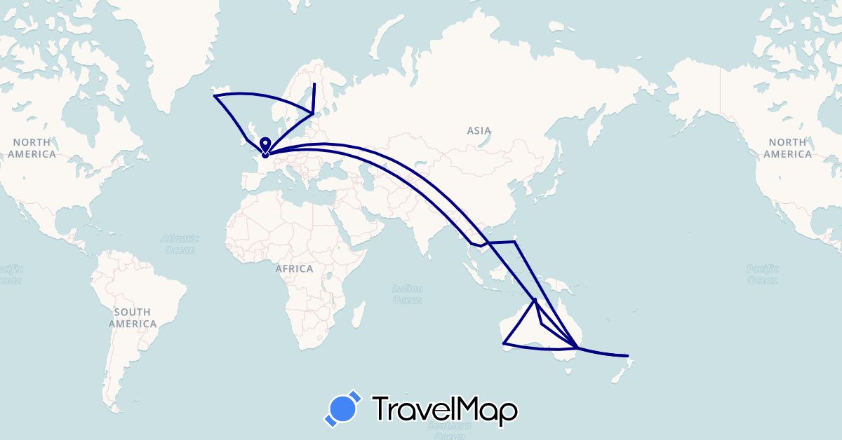 TravelMap itinerary: driving in Australia, Finland, France, Ireland, Iceland, Cambodia, New Zealand, Philippines, Thailand, Vietnam (Asia, Europe, Oceania)